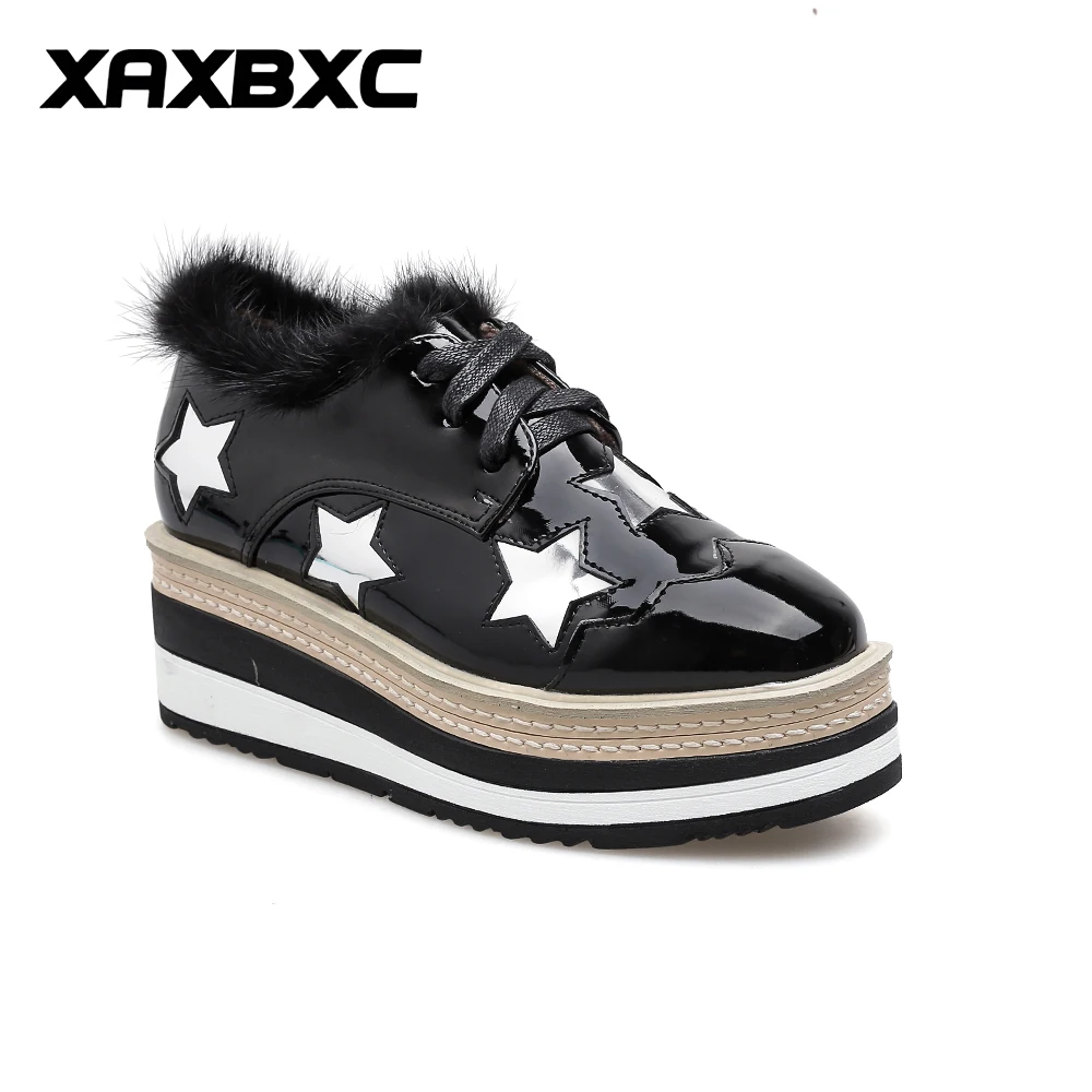

2019 New Winter Autumn Leather Star High Heels Short Plush Boots Platform Wedges Round Toe Women Casual Ladies Mujer Femme Shoes