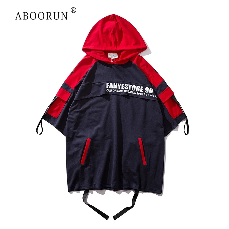 

ABOORUN Men's Hip Hop T Shirts Fashion Ribbons Patchwork T-Shirts Summer Short Sleeve Top Tees for Male R813