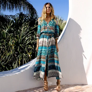 

women dress fashion ladies bohemian loose print button v-neck autumn winter ethnic customs female womens costume dresses