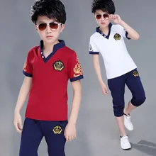 Одежда для мальчиков комплект летней одежды для мальчиков, с короткими рукавами, новинка года, повседневная детская одежда с треугольным вырезом и принтом костюмы из двух предметов, 120-160