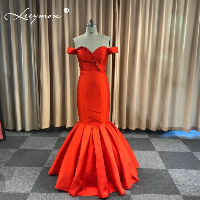 Красное атласное платье с открытыми плечами с юбкой-годе элегантное вечернее платье длинное платье Вечерние платья с бисером и кристаллами vestido de festa longo - Цвет: Red