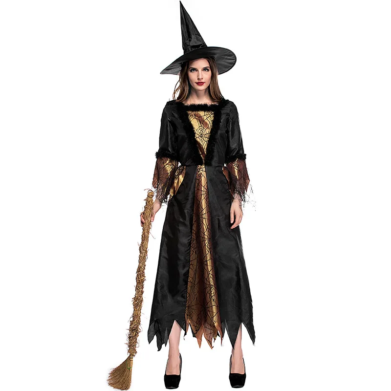 

Adult Women Gold Web Black Long Dress Witch Costume