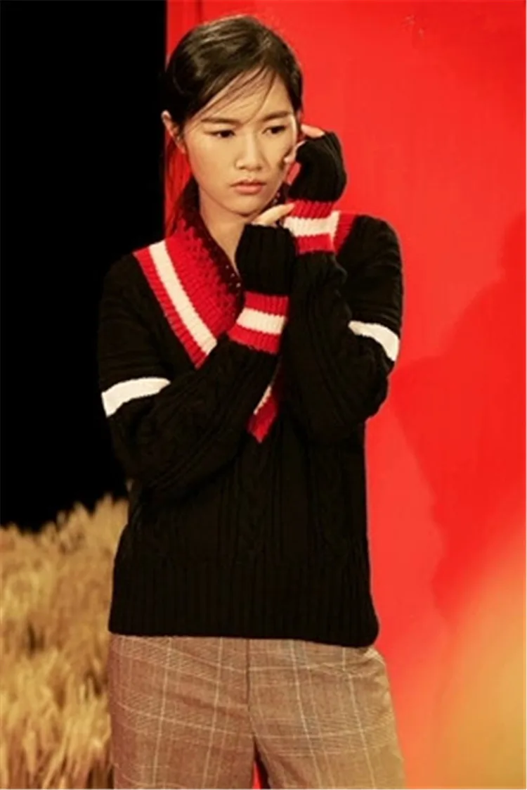 100% ручной работы из чистой шерсти вязать для женщин мода контраст цвет Vneck лоскутное свободные короткий пуловер свитер по индивидуальному