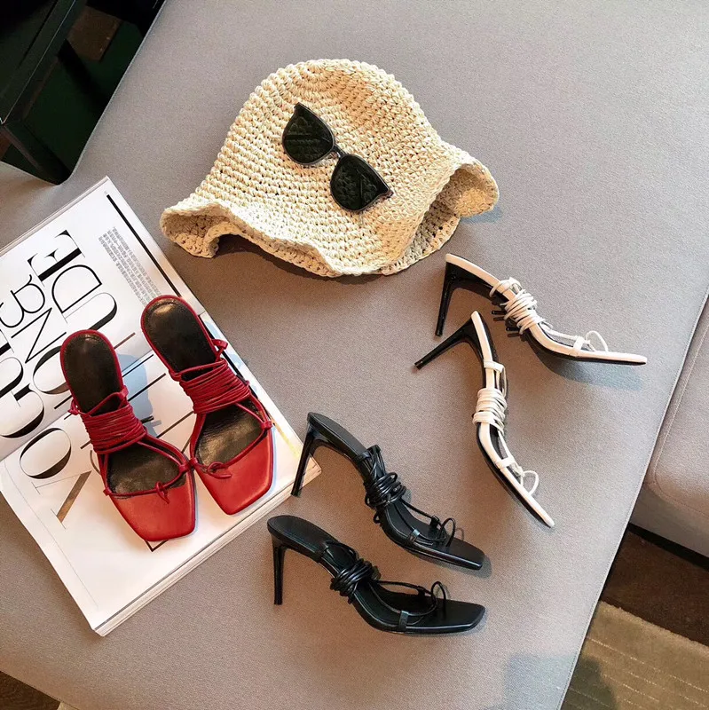 

2019 Sexy Summer Women's Sandals PU Lace-Up Thin High Heels Cover Heel Shallow Mature Serpentine Dance Solid