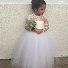 Милое белое/цвета слоновой кости, платье для Святого Причастия Длинные рукава с аппликацией, фатиновое бальное платье с цветочным узором для девочек на свадьбу