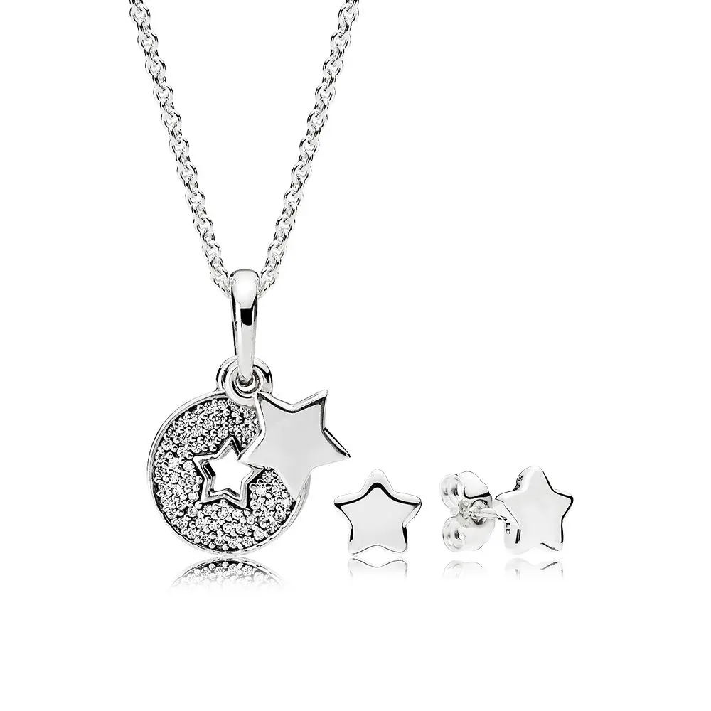 

100% 925 Sterling Silver Shining Stars Necklace and Earrings Gift Set fit charm original Necklace jewelry A set of prices