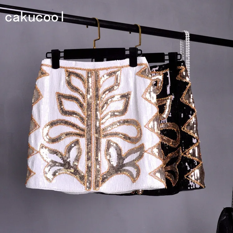 

Cakucool Women Retro White Sequined Short Skirt Vintage Beaded Pencil Skirt High Waist Gold Lurex Silm Bodycon Runway Mini Skirt