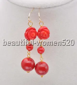 

Z8010 Real handmade-carve 13mm Red Rose Round Coral Dangle Earrings