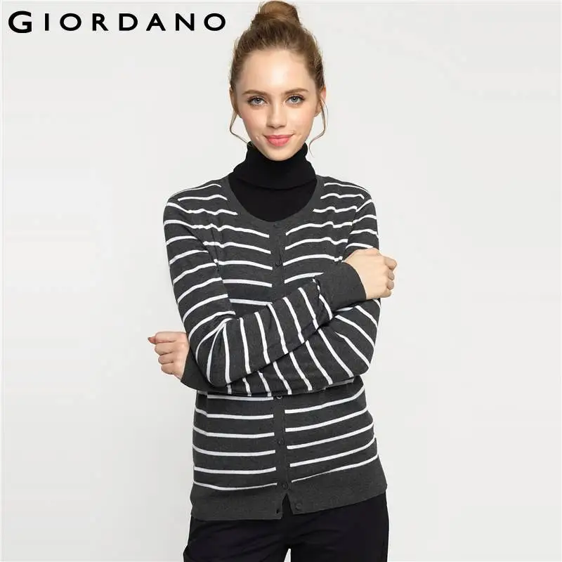 Giordano Women Striped Crewneck Cardigan Fashion Female Giordano Women Striped Crewneck Cardigan Fashion Female