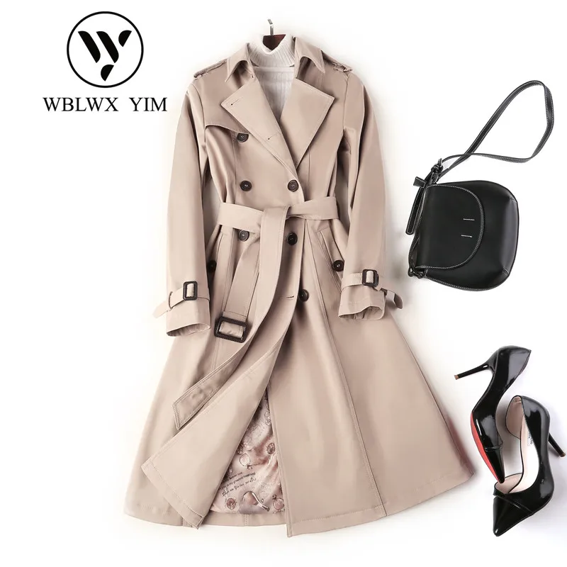 

2019 Korean long Trench coat womens Casual Classic double breasted high quality Trench coat female Fashion cotton Windbreaker