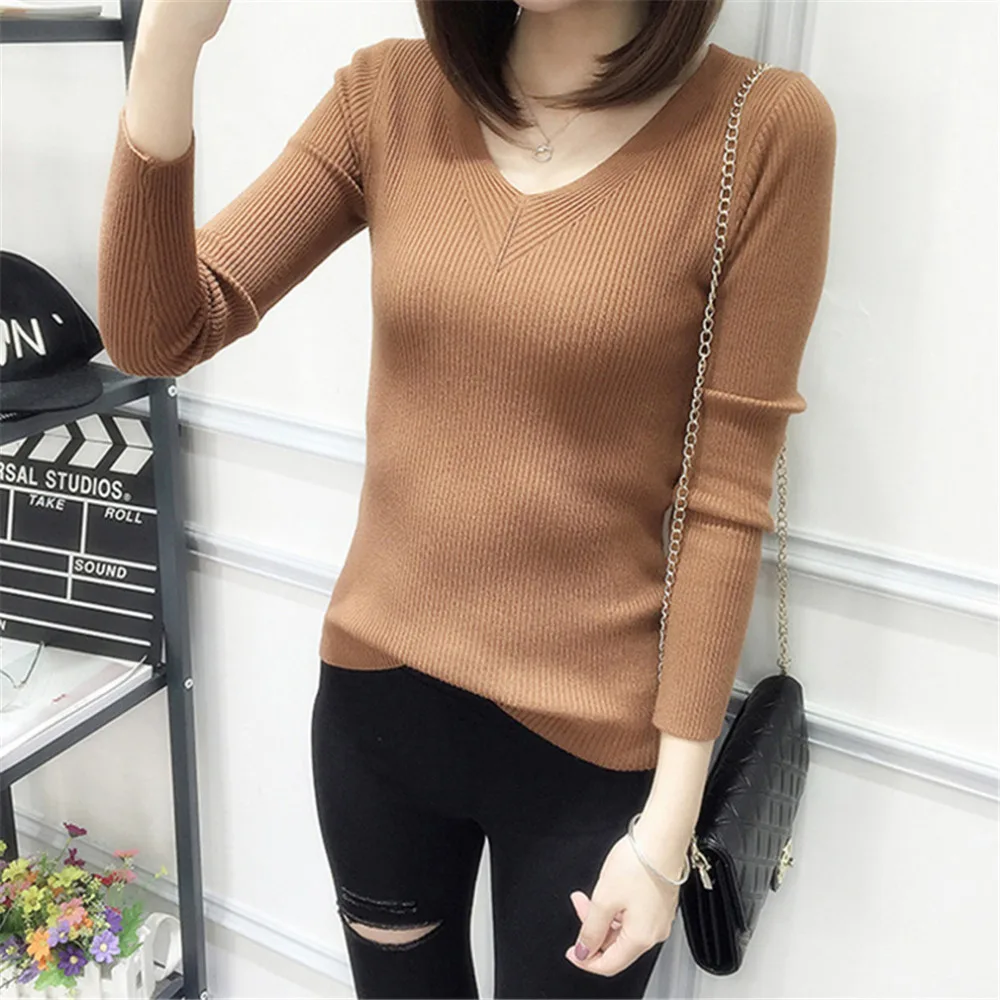 

Autumn Spring Basic Sweater Cotton Blend Casual V-Neck Pullovers Female Long Sleeve Jumpers Women Knitted Sweaters