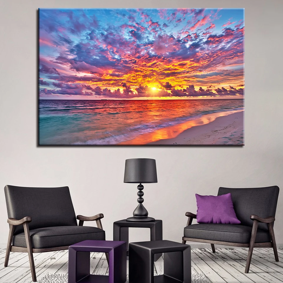 

Modern Canvas HD Prints Pictures Wall Art 1 Piece/Pcs Sunset Glow Clouds Paintings Beach Waves Seascape Posters For Living Room