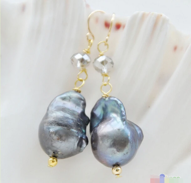 

Free shipping@@@@@ P4497 14x19MM BLACK BAROQUE KESHI REBORN PEARL DANGLE EARRING 6.09