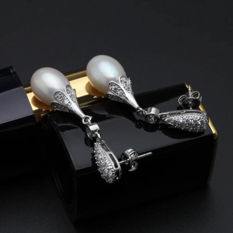 Fashion black Pearl earrings natural Pearl stud Earrings Women long earrings 925 sterling silver wedding gift 