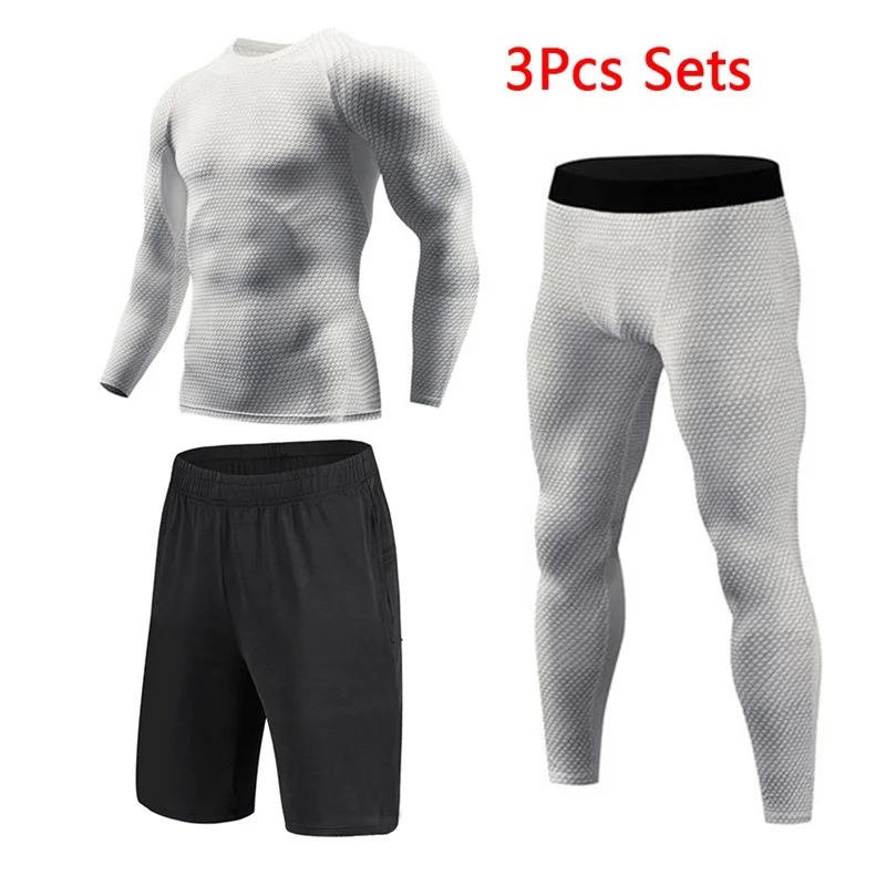 3D компрессионный набор Мужская спортивная одежда фитнес-плотно длинная футболка леггинсы спортивный костюм для бега трусцой быстросохнущая одежда 3 шт./компл