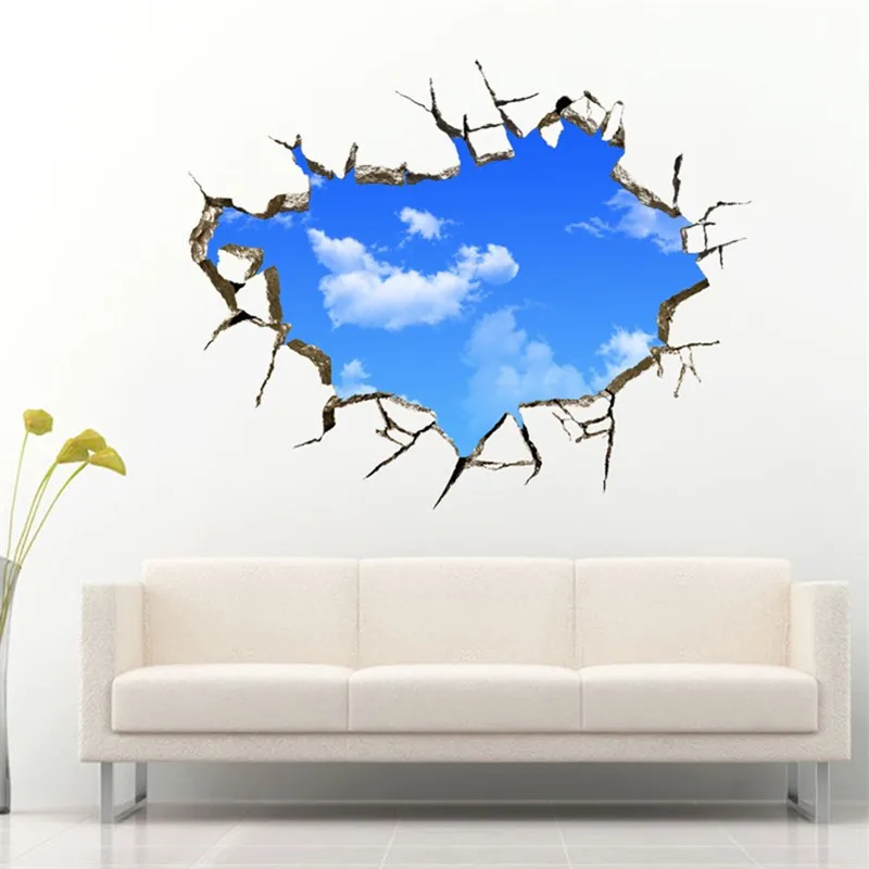 Through Wall Blue sky white clouds 3D Wall Stickers removable landscape