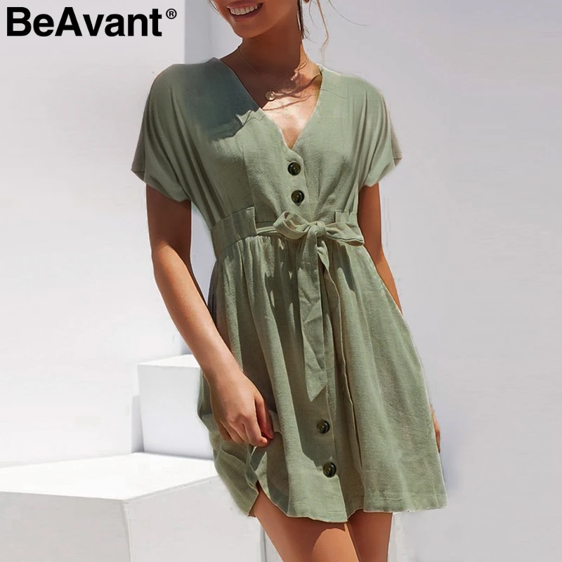 BeAvant повседневное летнее льняное платье с v-образным вырезом женское винтажное Хлопковое платье с короткими рукавами и пуговицами женское Короткое приталенное платье vestidos