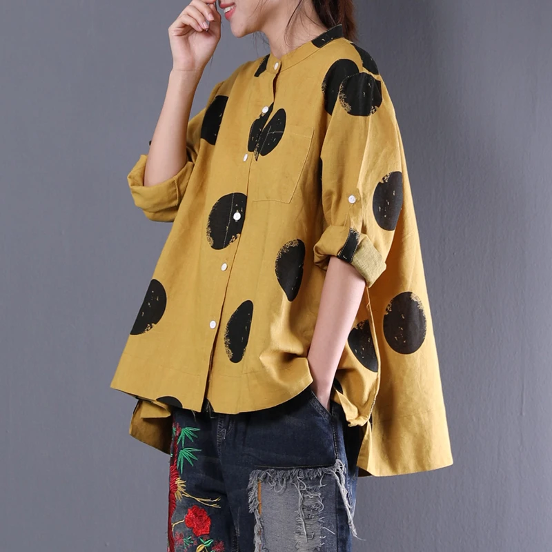

New 2018 fashion Women linen shirt yellow blusa camisa feminina loose large size long sleeved womens tops and blouses