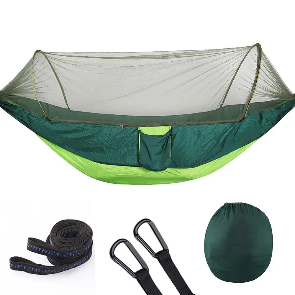 Portable Camping Hammock Outdoor Mosquito Net Parachute Hammock Night Camp Hanging Bed High Strength Sleeping Swing 250x120cm - Цвет: Ink green and Green