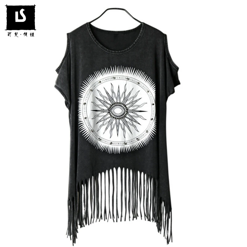 

Women Tops Fashion Tassel Print Loose Big size T-shirt Women O-Neck Sexy Off Shoulder Short Sleeve Punk Summer Casual T-shirts