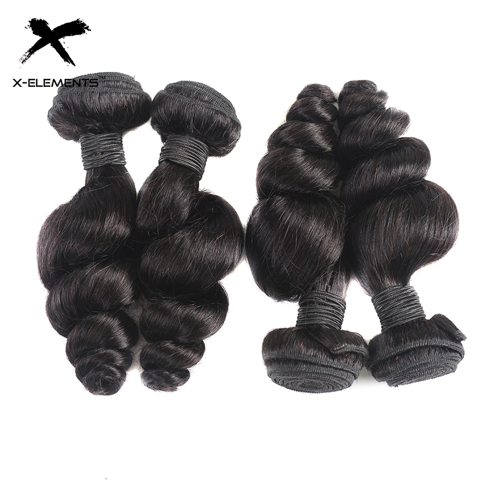 X-Elements Indian Human Hair Bundles 1/3/4 Pcs Loose Wave Hair Weave Non-Remy Hair Extensions Natural Color 8-28 Inches