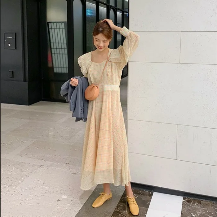 

Dreamy! Plaid a Line Long Dress Lantern Sleeve Ruched Hem High Waist Dress Retro Robe Longue Vestido Largo Vestiti Lunga