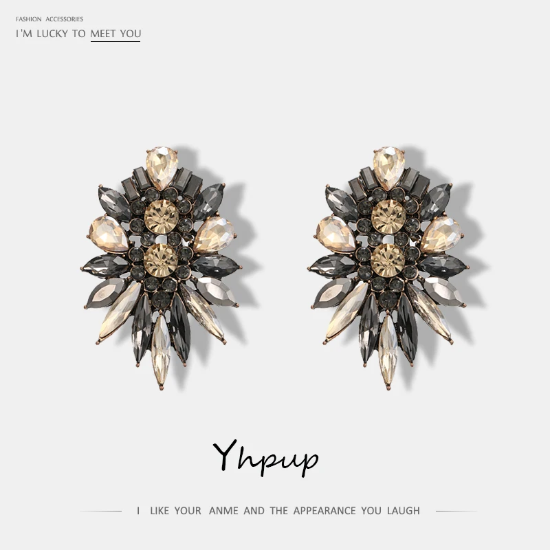 Yhpup большие стеклянные серьги-гвоздики в форме цветка, роскошные трендовые ретро серьги Brincos для женщин, рождественский подарок, серьги, ювелирные изделия