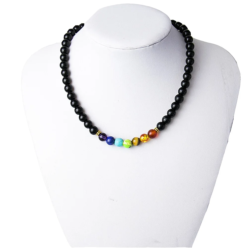 Black Onyx 8MMM Beads Necklace Women 7 Chakra Multicolor For Wisdom Natural Stone Yoga Meditation Necklace Christmas Gifts