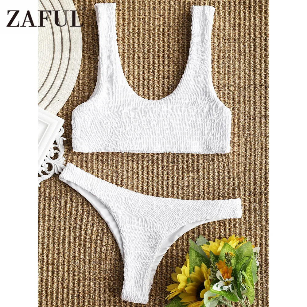 ZAFUL Scoop Smocked White Bikini Swimwear Women Thong Bikini Brazilan ...