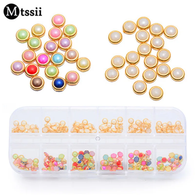 

1 Box 4mm Colorful White Beads Rhinestone 3D Nail Art Decoration 12 Grids Rectangular Box With Dotting Pen Nail Decoration Tool