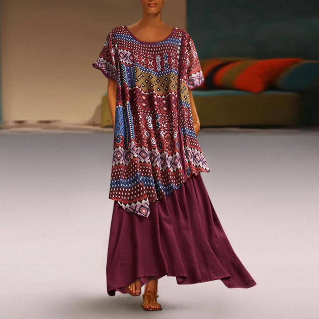 

Women Vintage Summer Dress Patchwork Print O Neck Plus Size Short Sleeve Party Maxi Dresses Summer Dress 2019 L-5XL vestidos