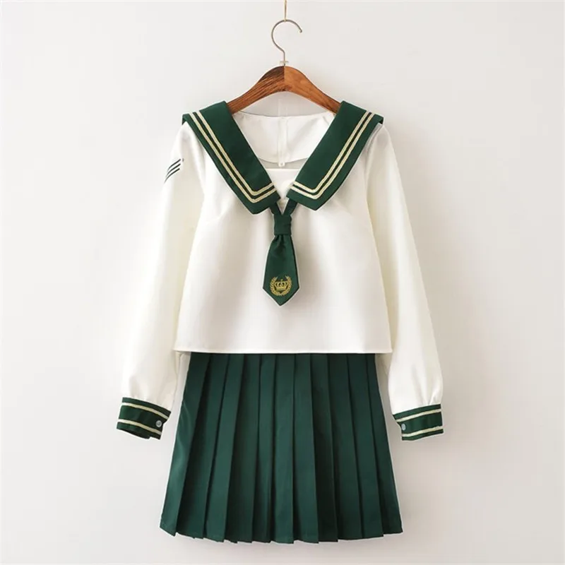 Косплей Матросская форма JK школьная форма комплект рубашка с матросским воротником и зеленая плиссированная юбка костюм школьницы для сцены