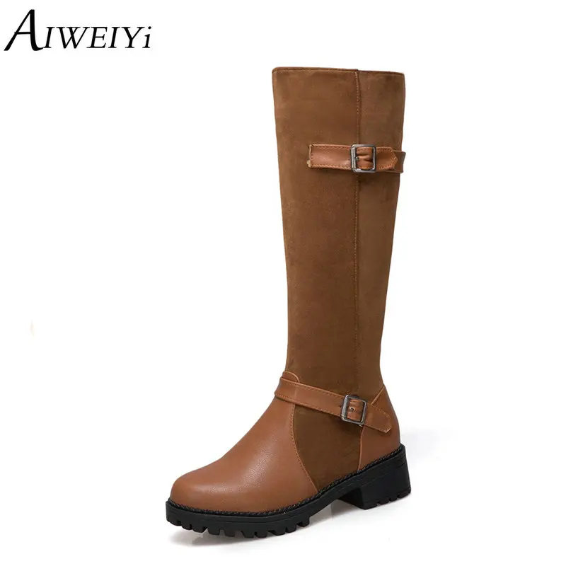 

AIWEIYi PU Leather Martin Boots for Women Round toe Med Heel Platform Shoes Woman Buckle Design Knee High Boots