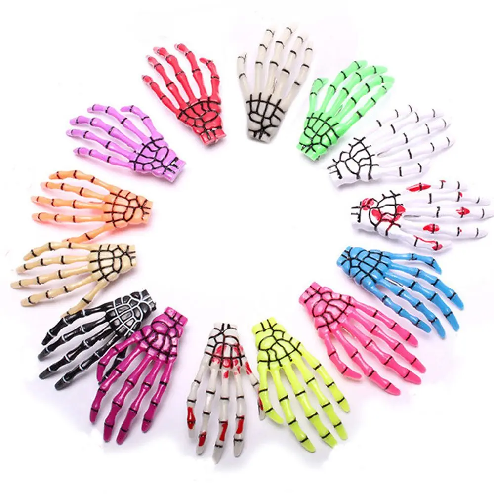 2Pcs Harajuku Skull Skeleton Hand Hair Clip Bone Claw Hairpin Halloween Headwear Barrettes Women Girls Hair Stylish Accessories