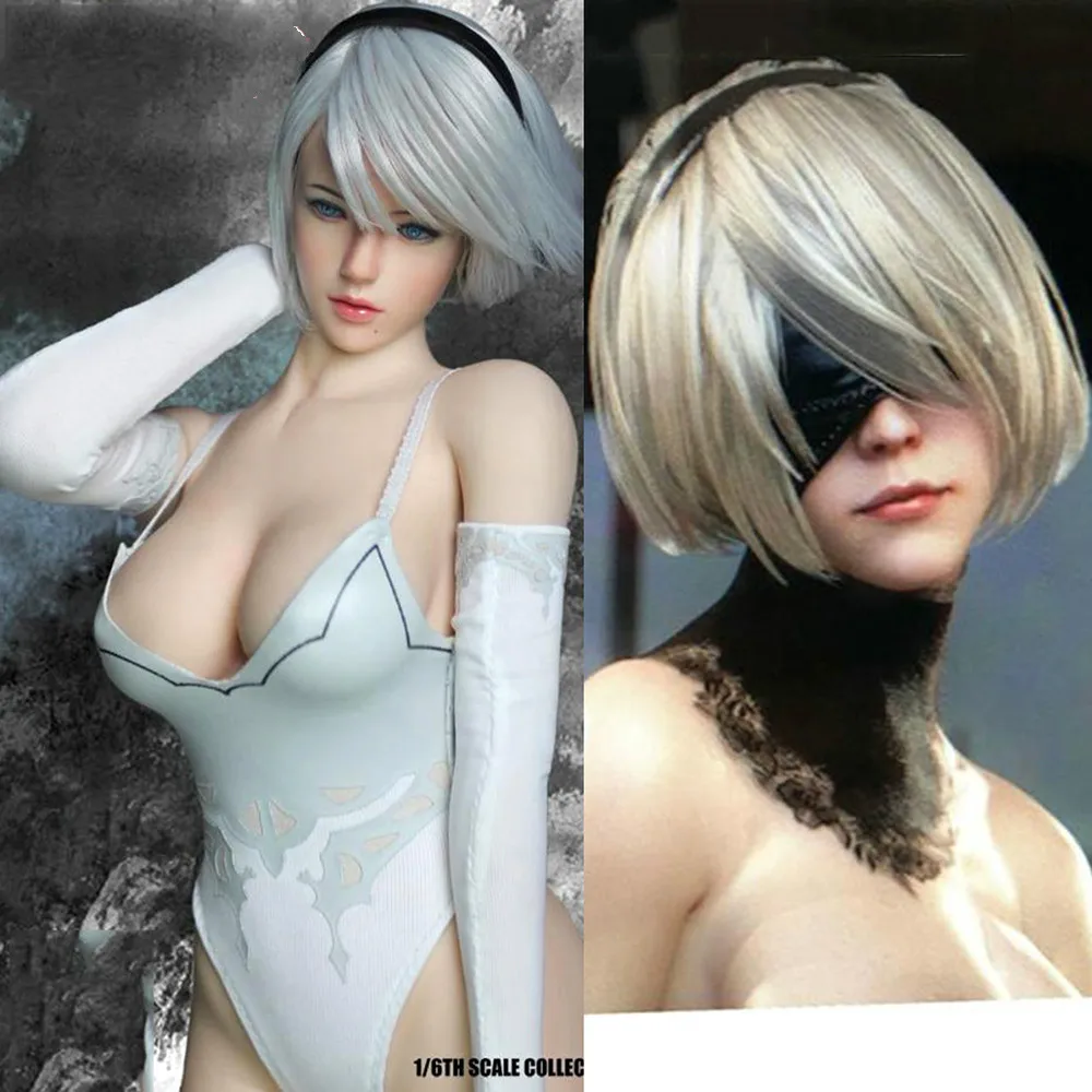 

1/6 Scale Female 2B Head Sculpt 1:6 Super Duck PS4 NieR Automata Head PC Girl Head Sculpt 12'' Figure Short White Painted Head