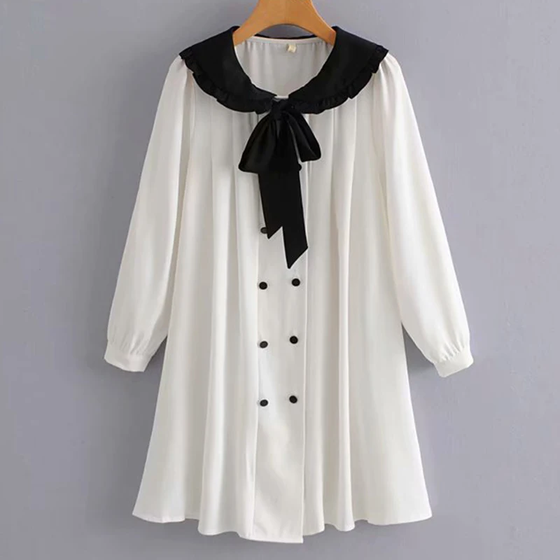 Women's Clothing Dress 2019 Bow Decorated Lotus Leaf Lapel Loose Versatile Dress Ms Summer Leisure Slim Fit Temperament Clothing