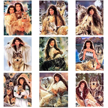 

5D DIY Full Square/Round Drill Diamond Painting" Indian woman & wolf " 3D Rhinestone Cross stitch embroidery Mosaic decor gift