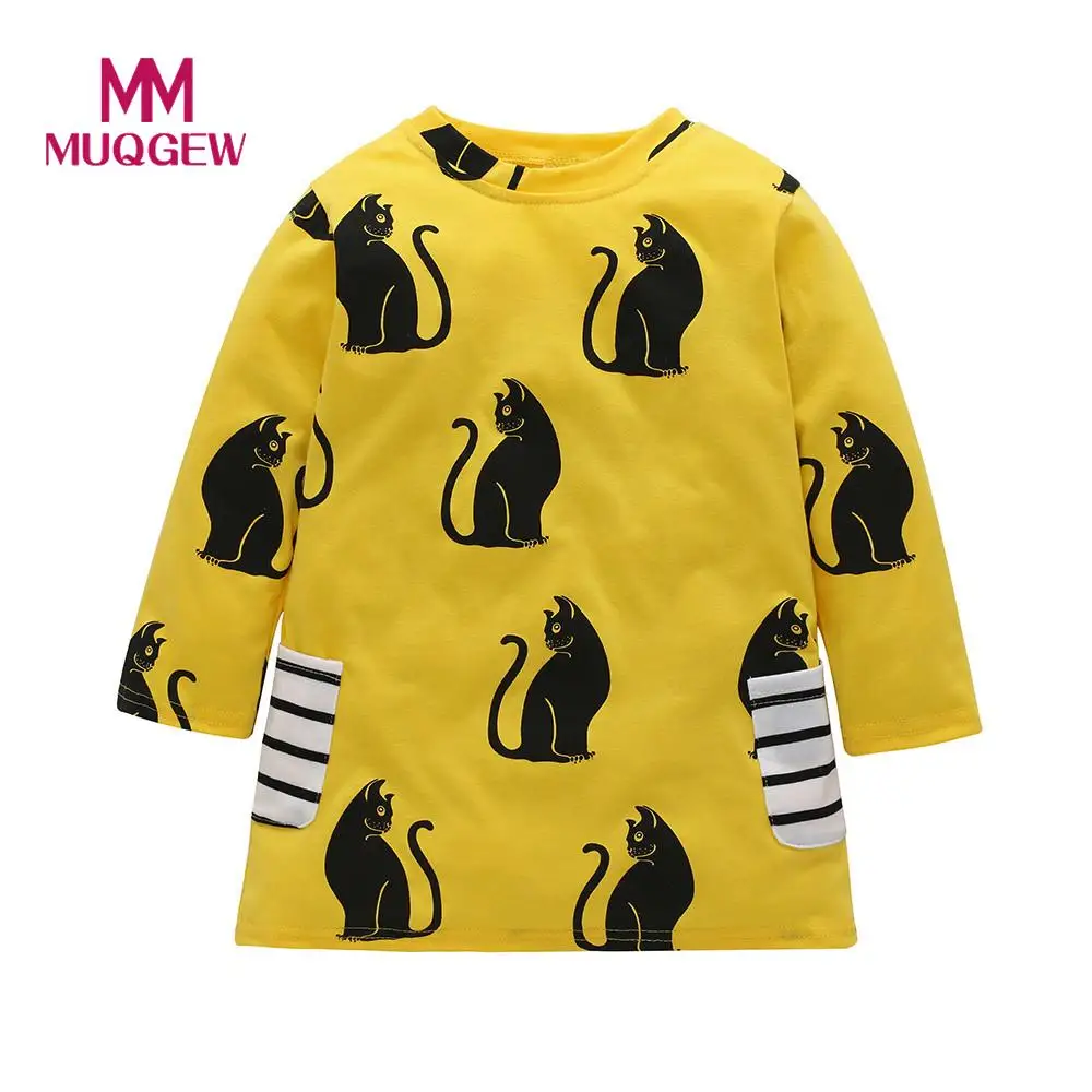 

MUQGEW Baby Girls Dress Cotton A-line Princess Dress Autumn Infant Kids Cartoon Clothes Cat Stripe Dress Children Clothing /PY