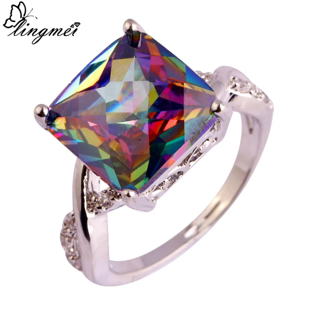 lingmei Mystic Rainbow White CZ Silver Color Ring Size 6 7 8 9 10 Fashion Jewelry Women Men Rings Free Shipping Wholesale