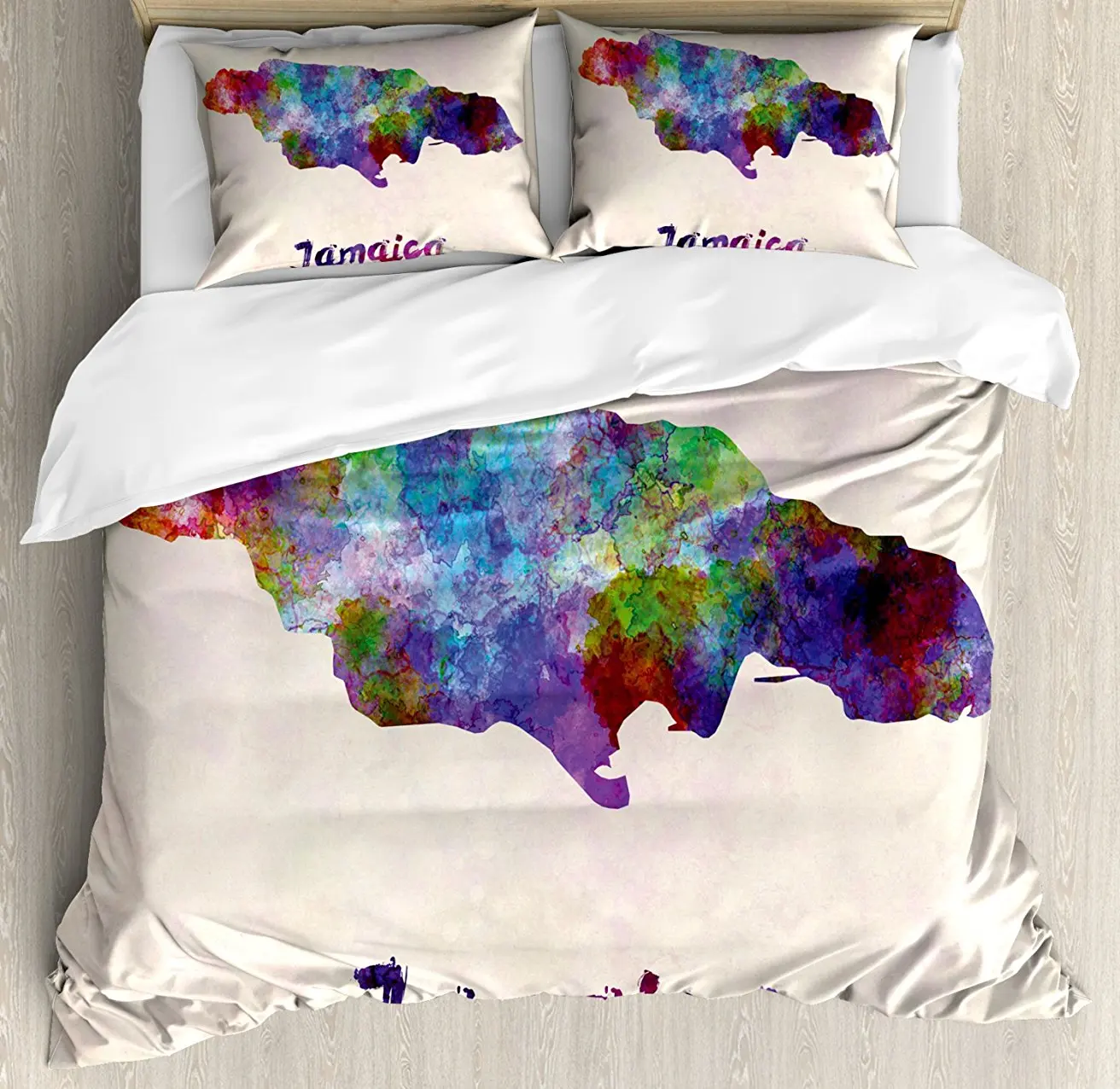 

Jamaican Duvet Cover Set Abstract Watercolor Map of Jamaica Psychedelic Inspirations Country Brush Effect 4 Piece Bedding Set