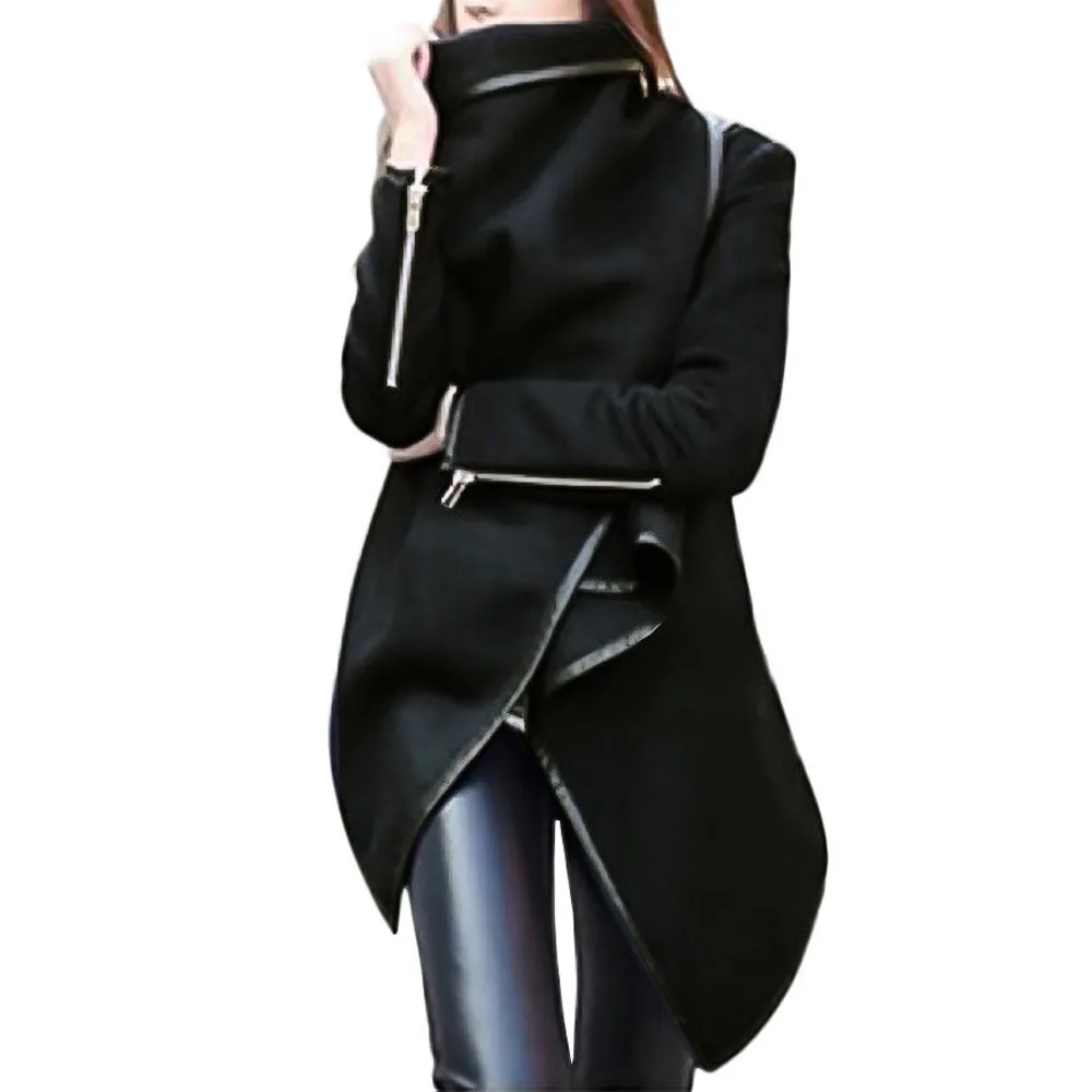 

Women Wool Long Coat irregular Bow Zippers Sleeve Long Warm Coat Jacket Parka Windbreaker Autumn Winter Casual Jacket Coat