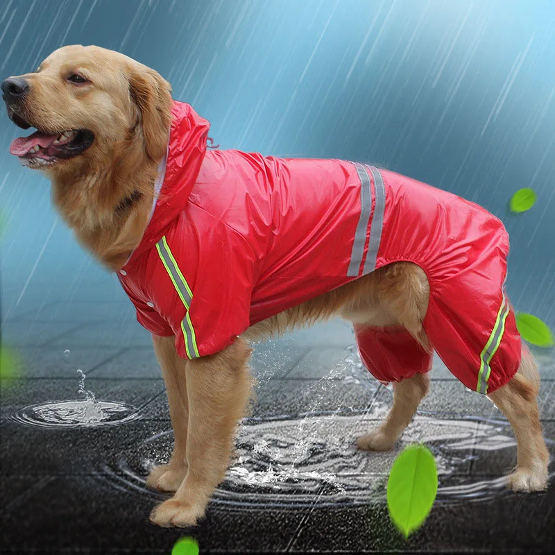 Светоотражающий дождевик на четыре ноги для средних и больших собак, безопасный комбинезон, одежда с капюшоном, дождевик, аксессуары для домашних животных, S-5XL - Цвет: red