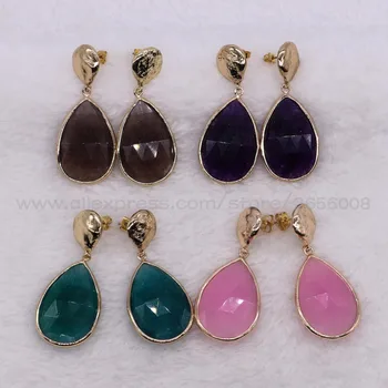 

6 pair Faceted water drop crystal stones drop earrings Gold metal dangle earring Mix color stone earrings jewelry earrings 2460
