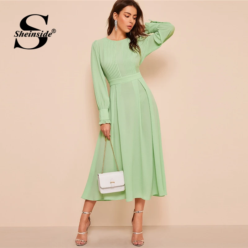 

Sheinside Elegant Pleated Detail Panel Dress Women 2019 Spring Frilled Cuff Zipper Dresses Ladies High Waist A Line Dress