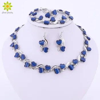 

Silver Plated African Beads Jewelry Sets For Women Party Bridal Fine Crystal Wedding Dress Accessories Heart Shape Necklace Set