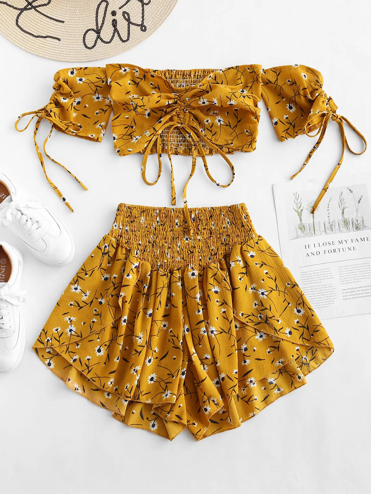 ZAFUL с открытыми плечами Cinched Цветочный женский комплект Летняя косая шея с короткими рукавами Укороченный топ с высокой талией Набор пляжных костюмов Boho - Цвет: Golden Brown