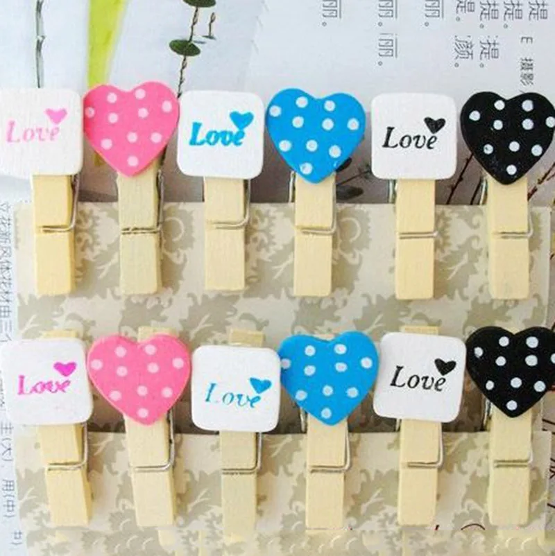 

35mm Mini Wooden Peg Pin Clothespin Love Craft Clips For Photo Paper Clothes Mixed Color 12PCS