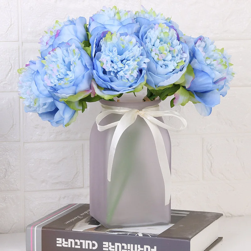 Искусственные большие цветы Пион ткань 5 голов красивый шелк большой искусственный букет свадебный стол с домашним декором искусственный цветок - Цвет: blue