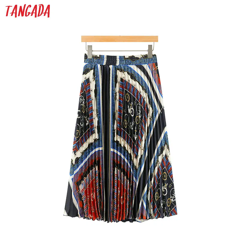Tangada плиссированная юбка на резинке геометрия геометрический принт синяя юбка голубая юбка юбка миди юбка ниже колена дизайнерская юбка 1D86