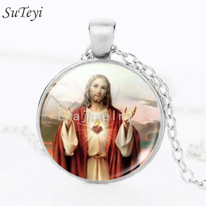 

SUTEYI Classic Jesus Women Necklace Round Glass Cabochon Jesus Pendant Art Photo Handmade Necklace Sliver Color Religion Jewelry